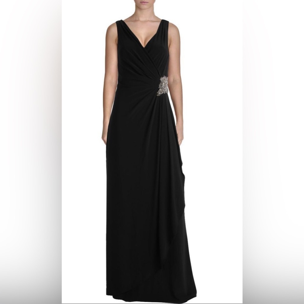 David Meister Black Jersey Draped Embellished Double V Formal Gown